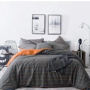 SUSYBAO Grey & Burnt Orange Striped Duvet Cover – Queen Size 100% Cotton